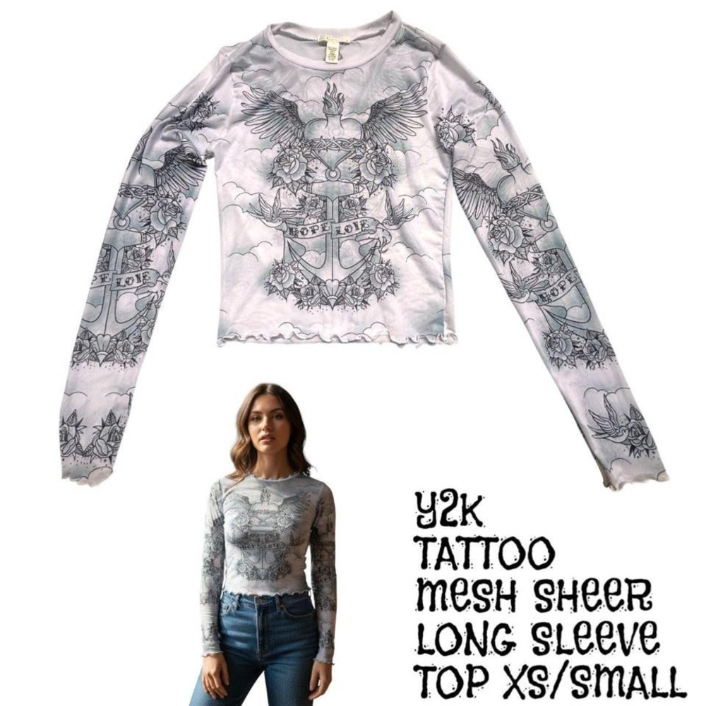 Y2K MESH TATTOO ALL OVER GRAPHIC‎ SHEER ANGEL WINGS  LONG SLEEVE TOP XS/SMALL